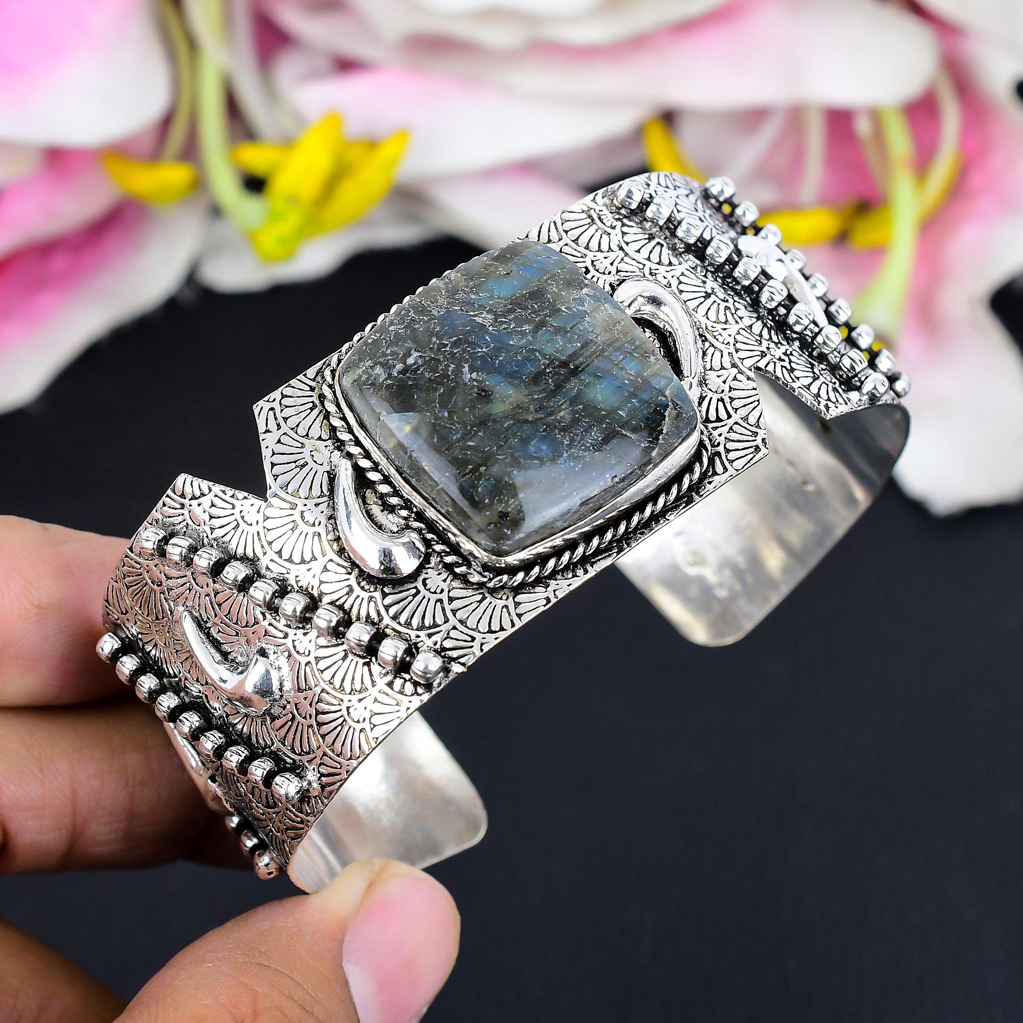 

Labradorite Gemstone Handmade 925 Sterling Silver Cuff Bangle Adjustable KG-1869