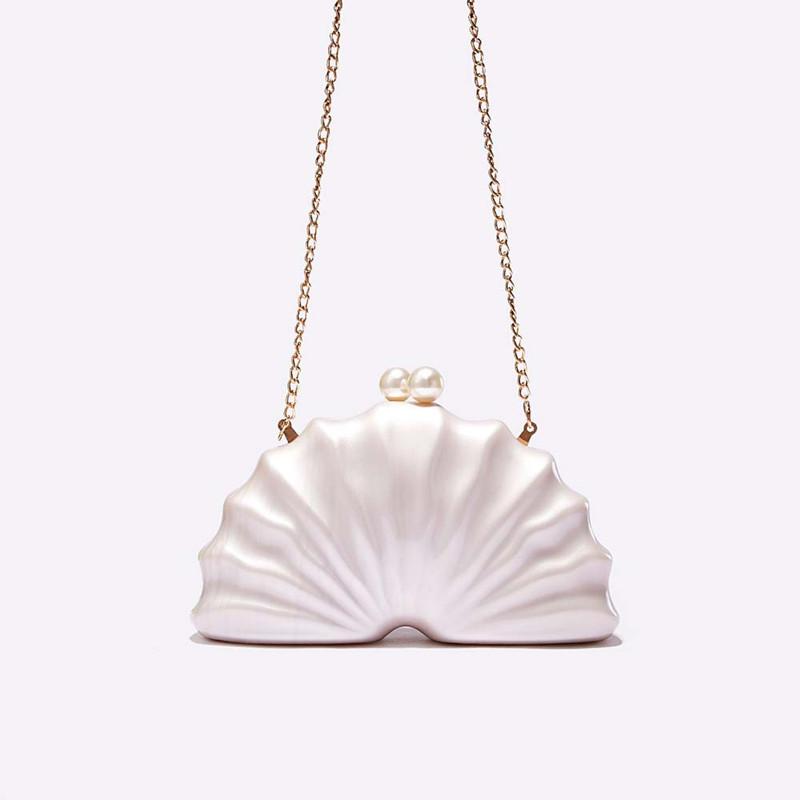 2025 Acrilico Nuova Moda Borsa a Pochette a Forma di Conchiglia Donna Designer Festa Serale Portamonete Carino Lady Matrimonio Borse a Mano con Perle Borsa a Tracolla con Catena