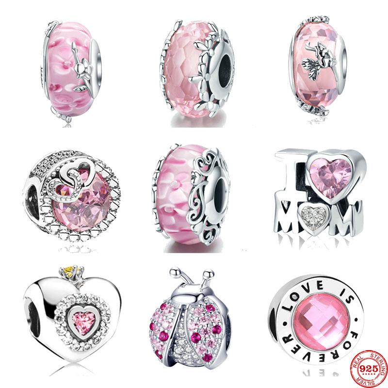 925 Sterling Silver Pink Murano I Love Mom Love Cross Heart Diy Fine Beads Fit Original Charm Bracelet Women Jewelry