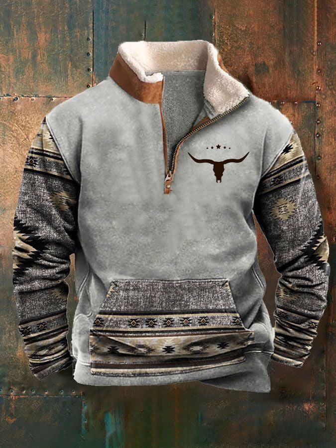 Men's Casual Pullover Jacket Half Zip Fleece Lined Printed Pattern Long Sleeve Outdoor Wear with Kangaroo Pocket and Stand Collar