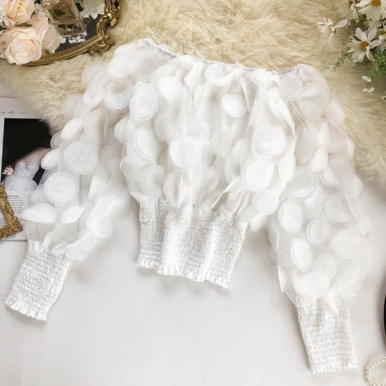 Women Tops Off Shoulder Puff Long Sleeve Elastic Waist Short Tops Perspective Mesh Yarn Casual Tops Party Daily Wear