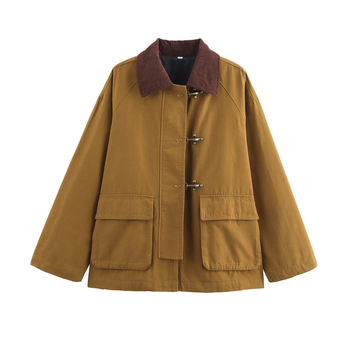 

European & American Women s Early Spring 2025 Fashion Lapel Cotton-Padded Jacket 924089 Medium коричневый/жёлтый