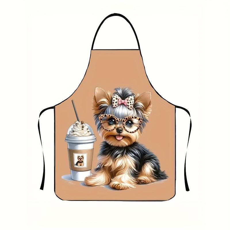 1pc Adorable Yorkshire Terrier Puppy Apron with Coffee & Ice Cream Design - Stylish Polyester Kitchen Apron for Men and Women