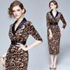Damen Neu Herbst Winter V-Ausschnitt Langarm Französisch Vintage Sexy Leopardenmuster Samtkleid Mode Büroarbeit Bleistiftkleid mit Gürtel