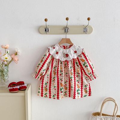 Koreanischer Stil Revers Hasenstickerei Kleid für Baby Mädchen, Alter 1-8, Langarm, Frühling/Herbst, Süßer Prinzessinnenstil
