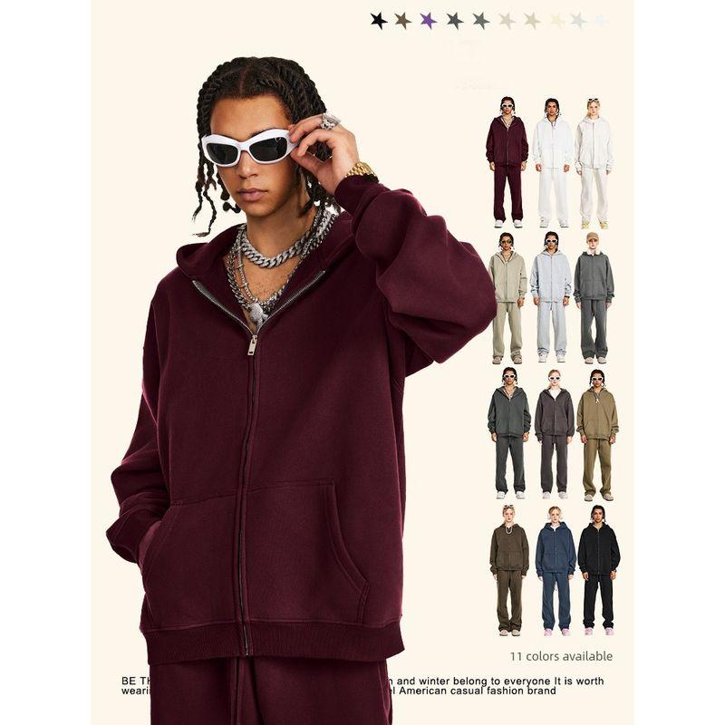 American Street Pure Color Loose Velvet Padded Hooded Sweatshirt Men and Women 2024 Autumn and Winter Fashion Brand Knitting Sports Zipper Outwear