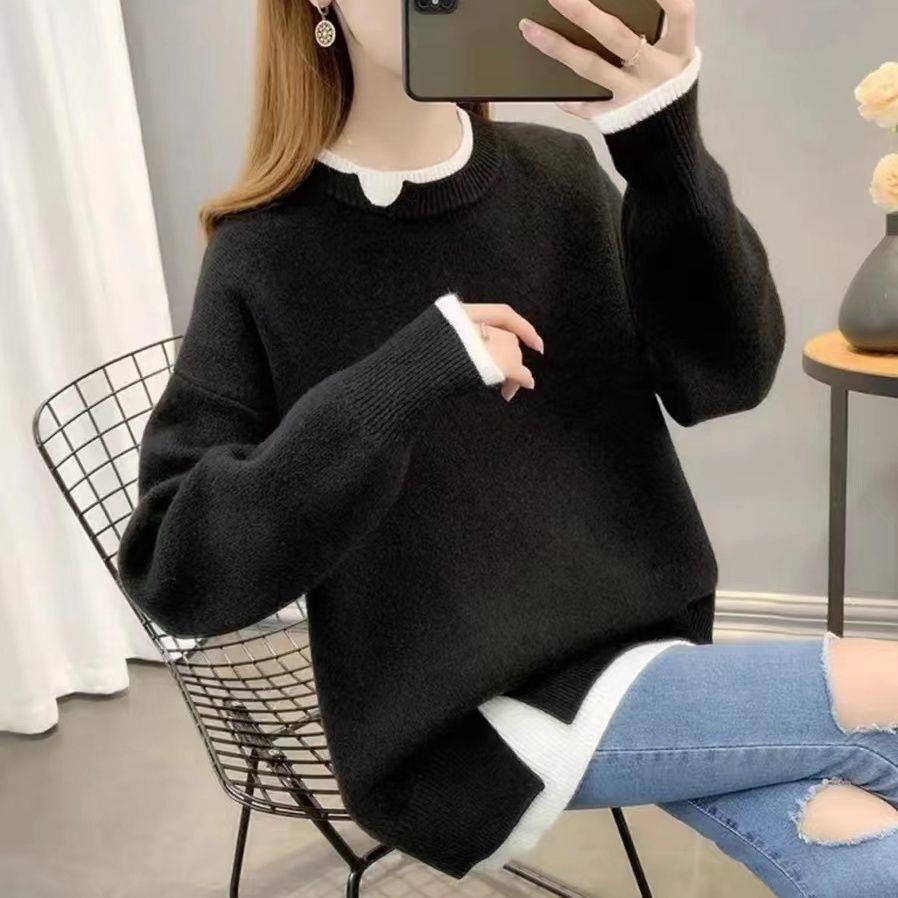 Pull épais en maille grande taille pour l'automne/hiver - Coupe ample, style coréen, look deux pièces, tricot décontracté pour femmes