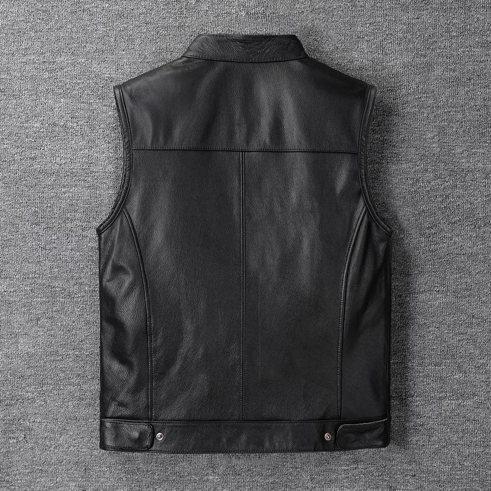 Black Genuine Cow Leather Vest Men Motorcycle Vests Slim Fit Men's Moto Club Biker Waistcoat Spring Summber