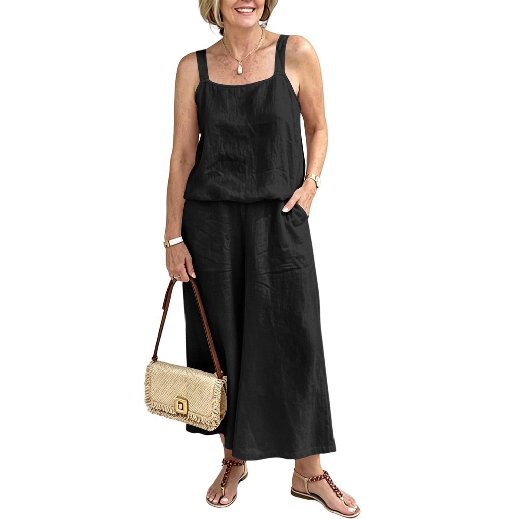 Women Linen Two Piece Set Sleeveless Tank Top Wide Leg Pants Casual Summer Outfit Lightweight Breathable Fabric