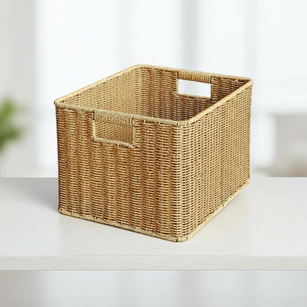 Lightweight Rattan Finish Storage Basket Organizer with Side Handles for
