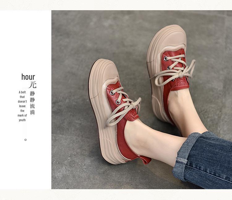 Women's Round Toe Lace-Up Leather Sneakers - 2025 Spring Collection