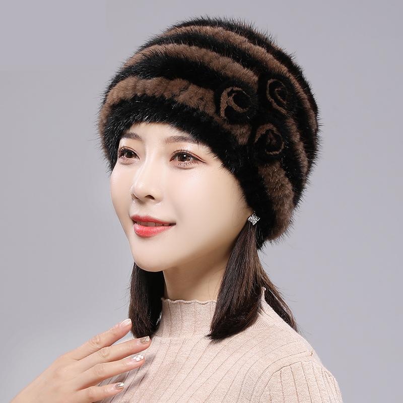 Russian Winter Women Real Mink Fur Hat Outdoor Keep Warm 100% Real Mink Fur Hats Lady Knitted Natural Mink Fur Cap