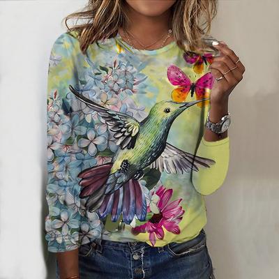 Tops For Spring&Autumn Hummingbird&Elephant&Peacock Print Round Neck Long Sleeve T-shirt Fall Casual Slim Pullover Women's Long Sleeve Top