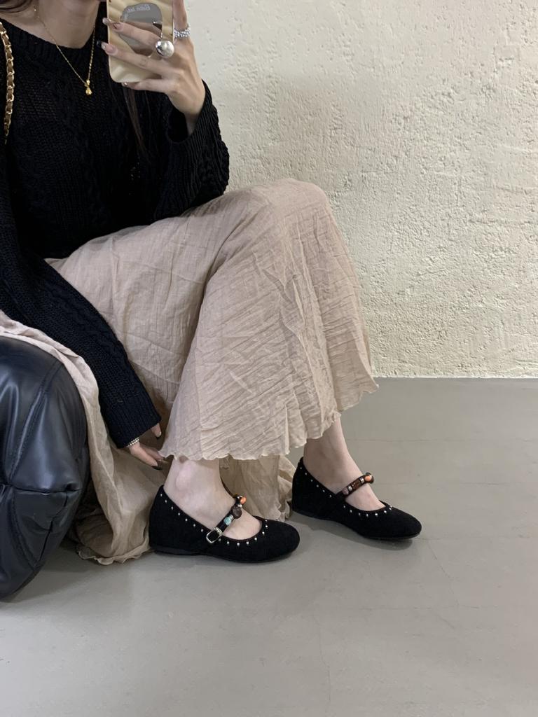 Mary Jane shoes women's 2025 autumn new French retro round head shallow mouth Mori series inner 4cm beaded women's shoes