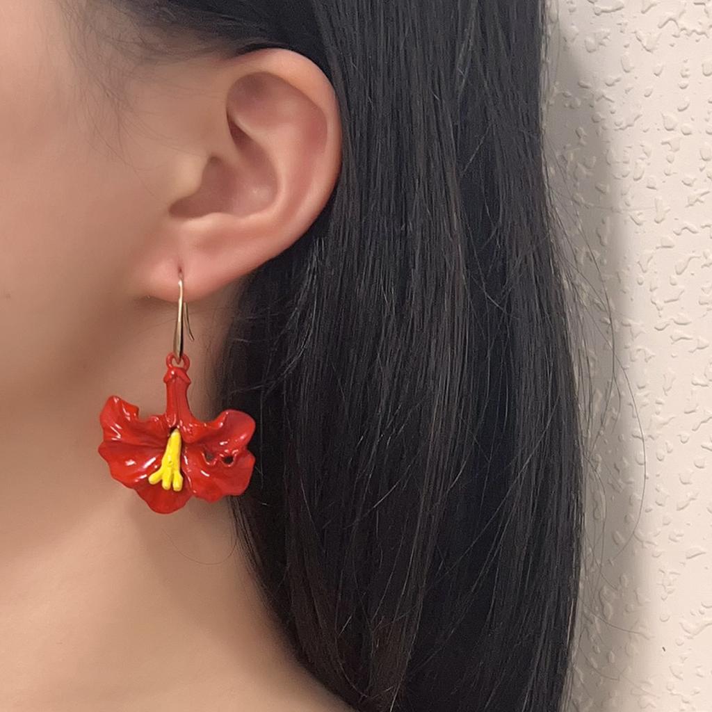 Personalized Creative Design Sense Bohemian Red Alloy Dripping Oil Morning Glory Flower Ear Hook Simple and Versatile