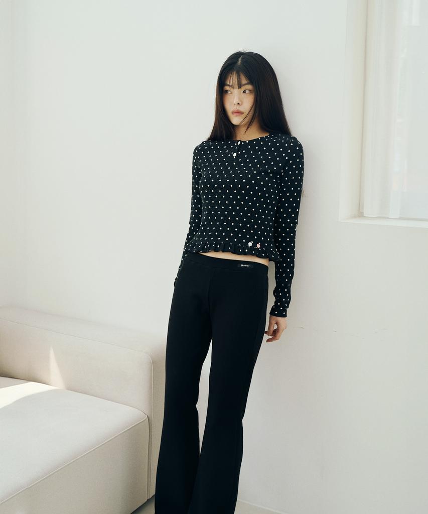 Mihebeu Polka Dot Frill Long Sleeve Black