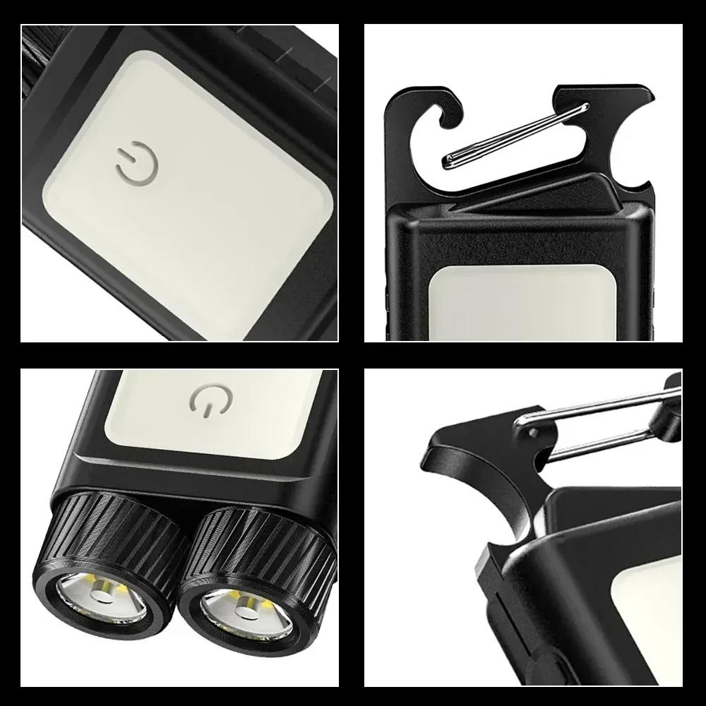 Mini Portable Flashlights Rechargeable 9 Modes Flashlight with Tail Hook Outdoor Camping Tent Light Pocket Keyhain Fishing Torch