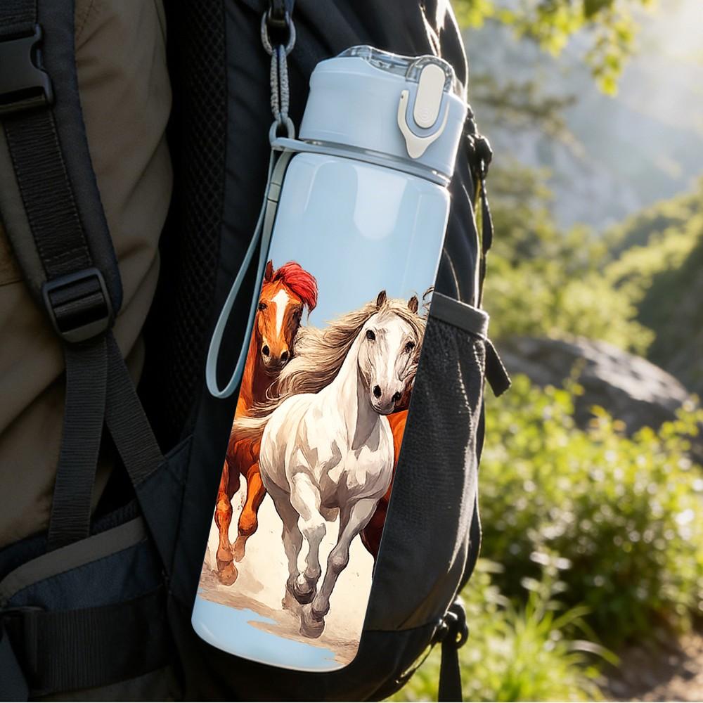 1PC Running Horse Herd Western Animal Print 750ml Color Plastic Sports Water Bottle Leakproof Flip Straw Lid Suitable for Sports Office Home Use