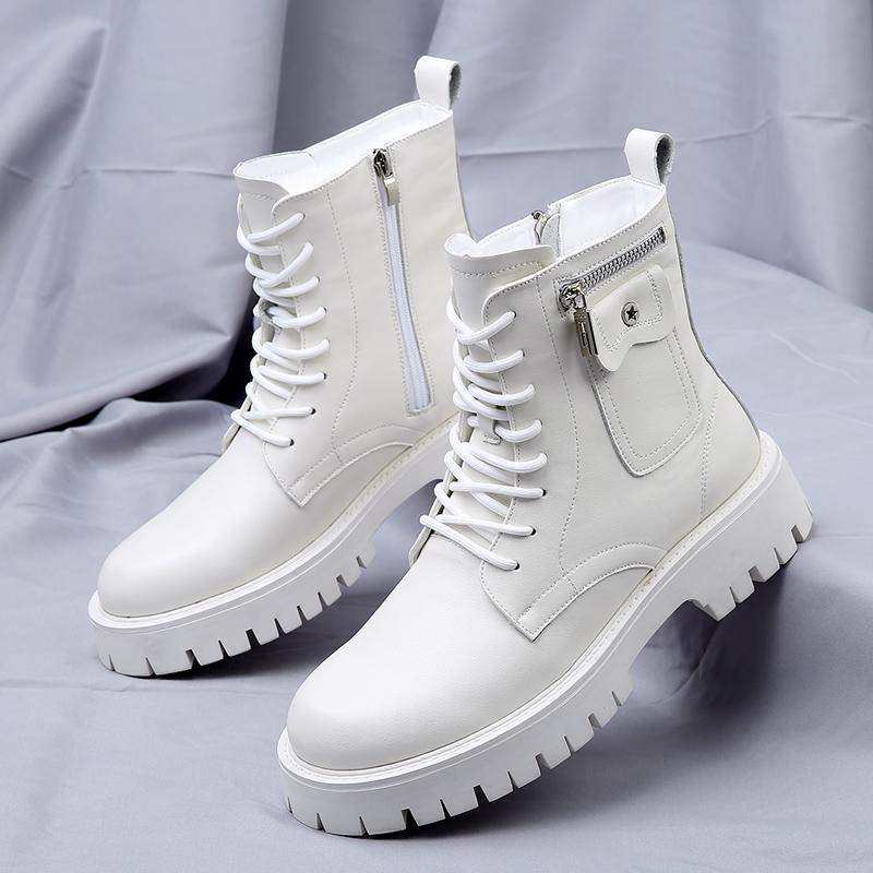 Fashion Men's Fashionable Men's Ankle Boots English Style Thick Soled Lace Up  Boots Round Head Leather Shoes Mid Heel White Motorcycle