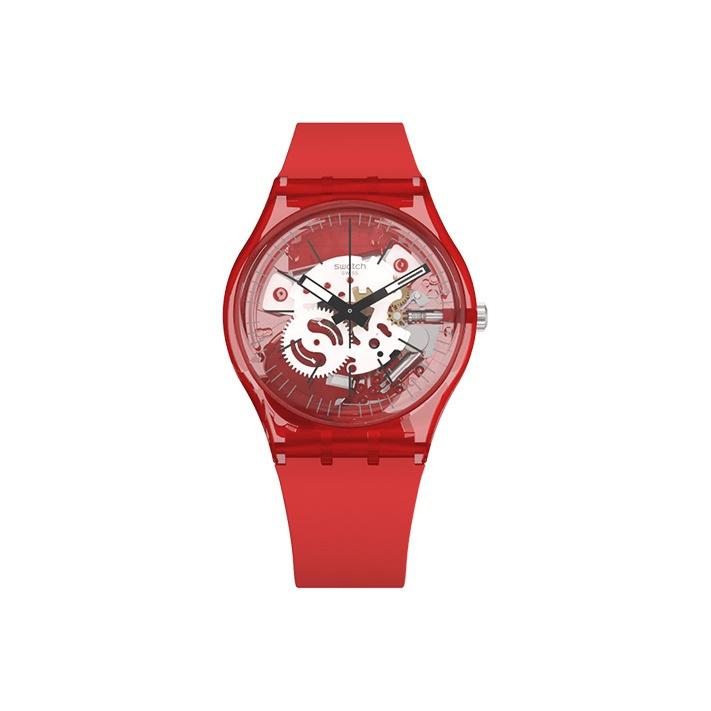 Swatch Originals Series Quartz Movement Red Unisex Waterproof Watch 34mm Skeleton Dial Plastic Case Silicone Strap Unisex watches GR178 Red