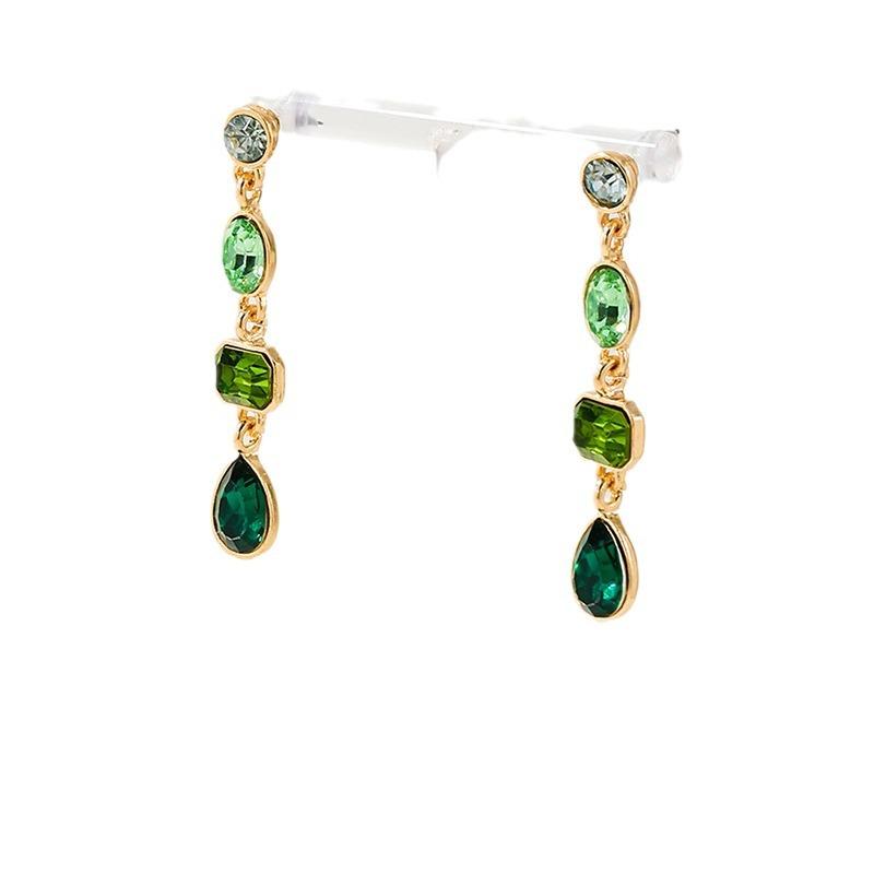 Retro Gradient Green Square Crystal Drop Earrings for Women Elegant Light Luxury Long Pendant Earrings Geometric Jewelry Gifts
