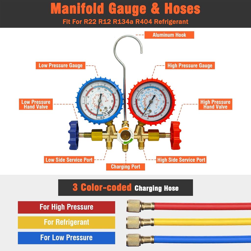 3-Way AC Manifold Gauge Set with Hoses for R12, R22, R404A, R134a | Automotive HVAC Refrigerant Diagnostic Tool