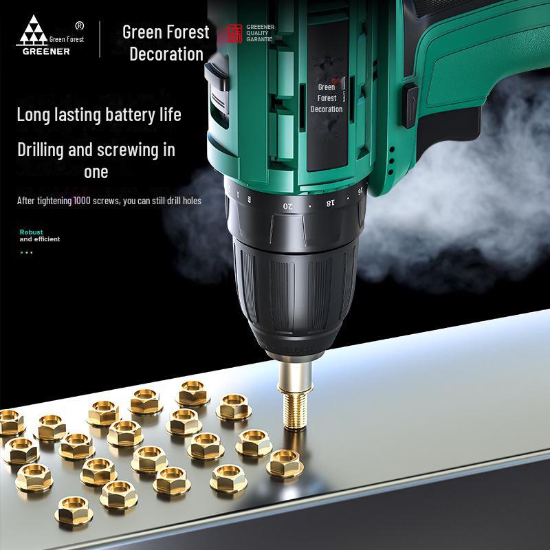 Green Forest 16.8V Brushless Electric Drill: Cordless Multifunction Impact Screwdriver for Home Use