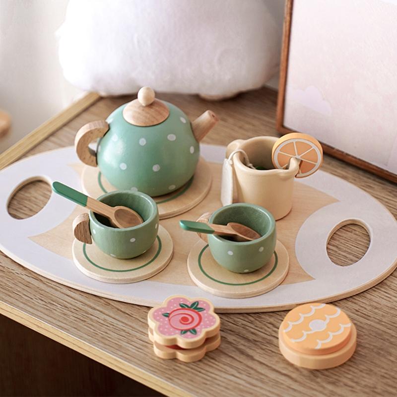 Kids Wooden Toys Coffee Maker Toy Set Cake Ice Cream Tea Time Playset Toddler Pretend Play Kitchen Accessories Gift for Children