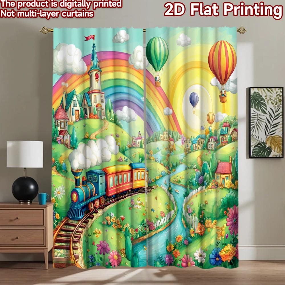 2D flat printing 2pcs Window Curtains Cute Train Rainbow Village Adventure Digital Printed Polyester Drapes Holiday Decorations