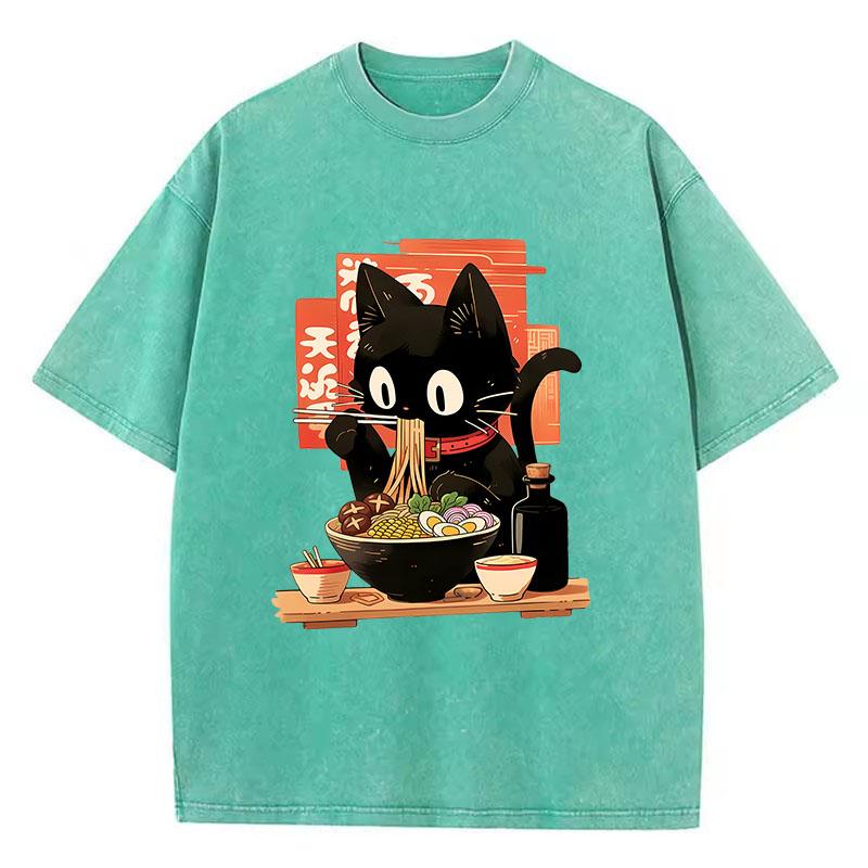 Streetwear T-Shirt Vintage Gewaschenes Baumwoll-T-Shirt Schwarz Ramen Katze Japanischer Anime-Stil Grafik-T-Shirt Lässig Frühling Sommer