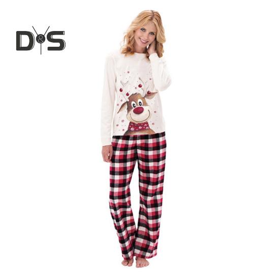 Parent-child Pajamas Elk Printing O Neck Long Sleeve Family Christmas Pajama Matching Set Children Sleepwear Top Plaid Pants Pet Coat Sleepwear