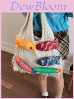 Cotton Knitted Tote Bag For Casual Travel With Large Capacity And Inner Card Pocket