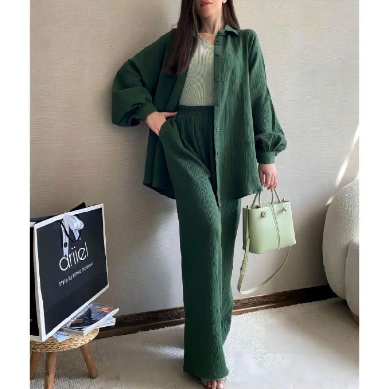 Two-Piece Long-Sleeve Lapel Shirt & Elastic Waist Trousers Suit