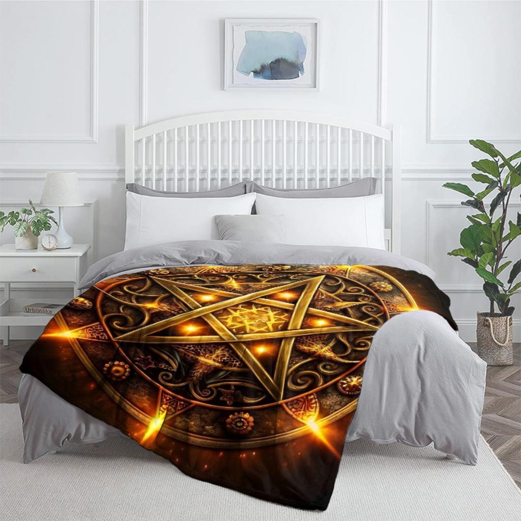 Golden pentagram mystic symbol magic ritual flannel blanket occult art blanket spiritual decor esoteric design throw blanket for