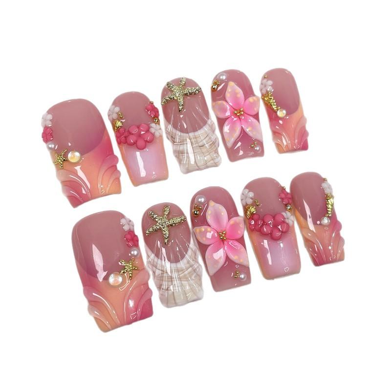 3D Floral Gradient Ocean Style Press-On Nails Sweet French Tips Women Cute Chic Nail Art Set
