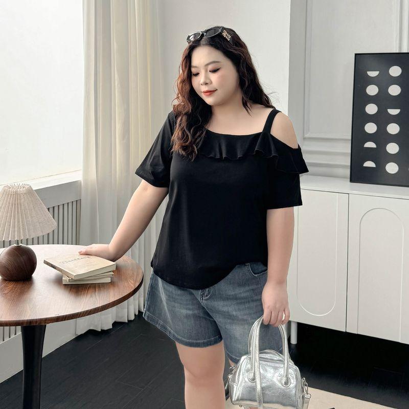 Plus size women clothing [Frill off-the-Shoulder T] Chubby Girl Design Sense Short sleeve T-shirt Summer All-Match Belly Covering Slimming Top