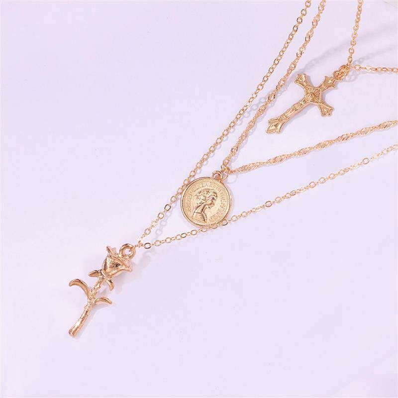 Fashion Cross-Border Sold Jewelry Fashion Cross Queen Head Pendant Necklace Female Elegant Multi-Layer Rose Necklace