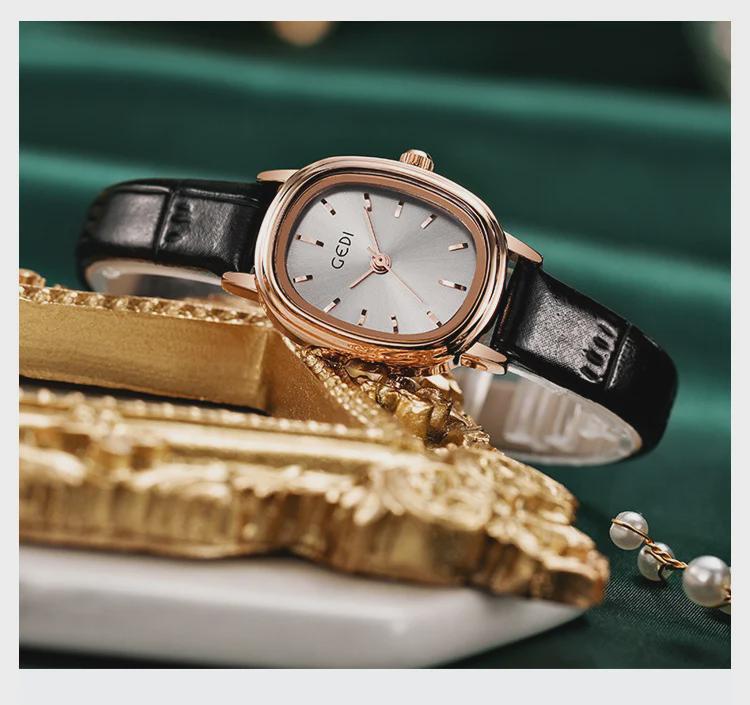 Godi Retro Oval Ladies’ Waterproof Quartz Watch with Genuine Leather Strap