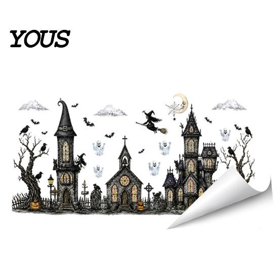 Easy Peel Window Graphics Halloween Spooky Bat Static Clings, Ghost House Glass Stickers, Adhesive-Free Beautification Sets Waterproof Decals for Bar