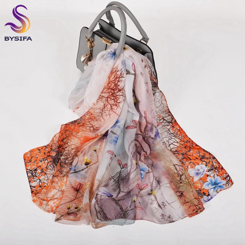 [BYSIFA] Bean Green 100% Silk Chiffon Hijab Scarf Ladies Brand Long Scarf Beach Shawls Autunm Winter Women Floral Design Scarves