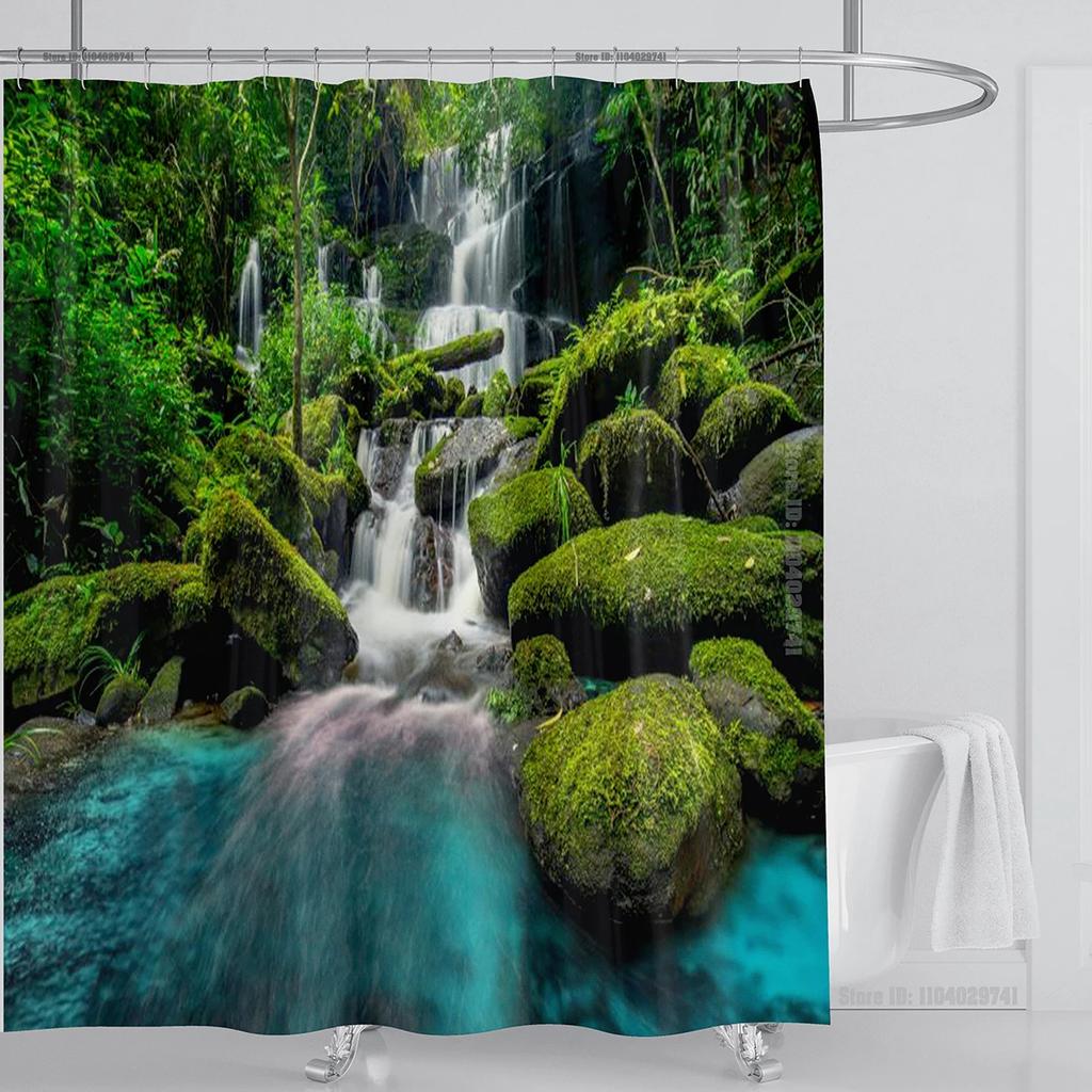 Modern 3D Printing Forest Refreshing Scenery Shower Curtain Waterproof Landscape Green Plant Mountain With Hooks Bathroom Decor