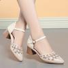 4.5cm Breathable Close Head Rhinestone Mesh Leather Shoes Summer 2025 Med Block Heels Sandals Women for Office Mom Dance