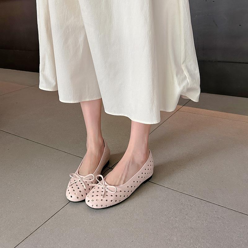 French inner heightening hollow shallow mouth single shoes women's breathable casual bow versatile sandals grandma shoes