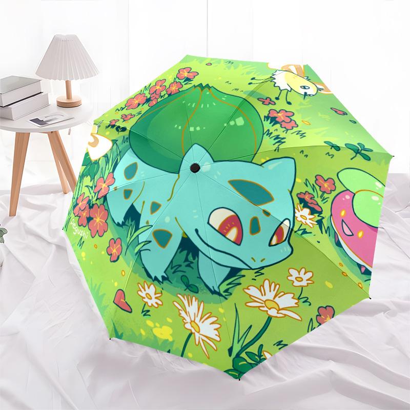 Bulbasaur-Muster, automatisch faltbarer Regenschirm, tragbares und faltbares Design, 8 Speichen, ein Weihnachts- oder Geburtstagsgeschenk.