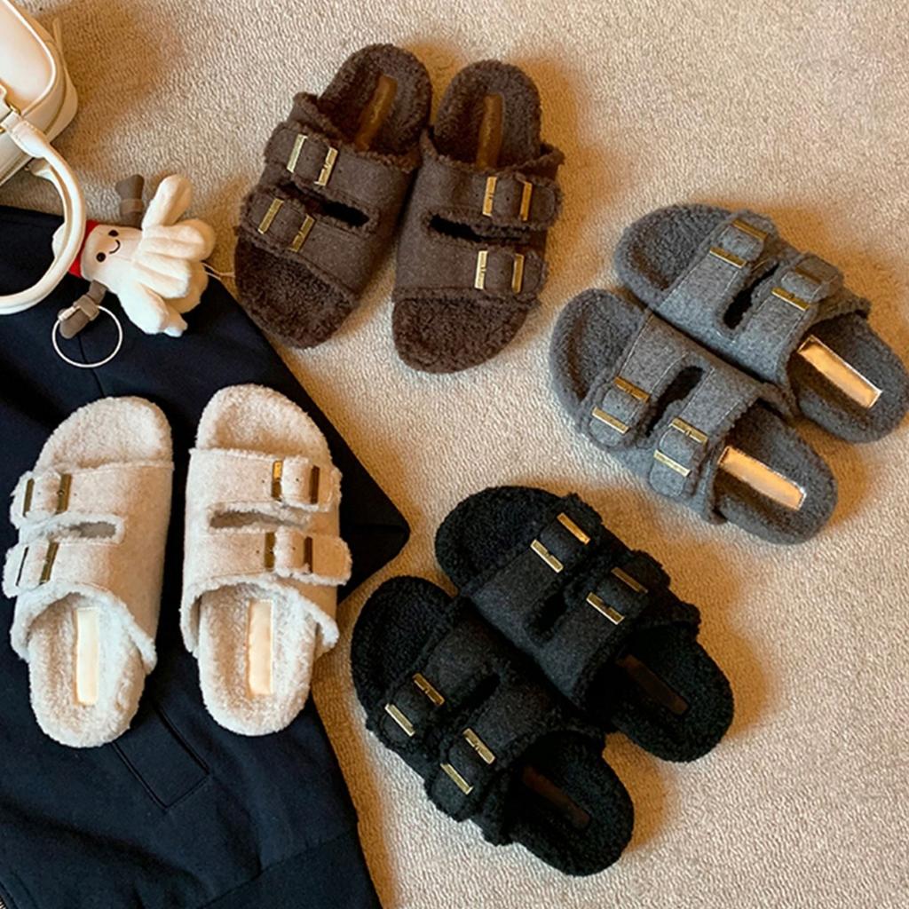 Soft Fur! Thick-bottomed Mao Mao Boken Slippers for Women's Outerwear 2025 Autumn and Winter New Versatile Double-buckle with Lazy Slippers