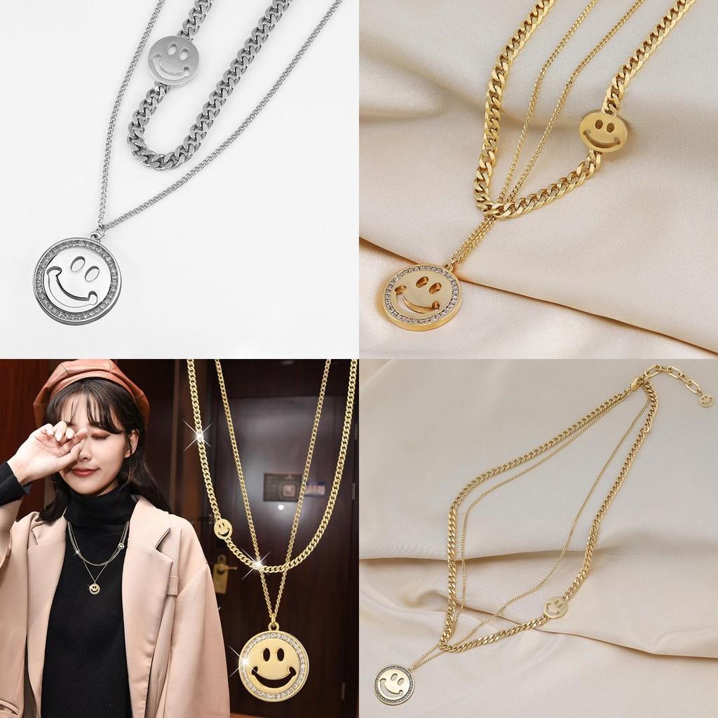 Elegant Layer Double Smiley Face Necklace For Women In Stylish Korean Design Available In Silver And Gold Elegant Titanium Steel