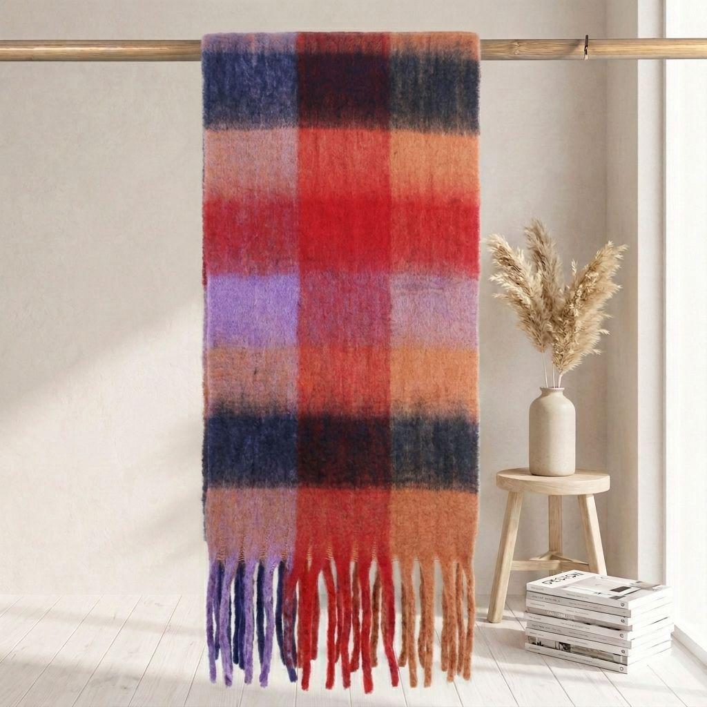 Women's High-Grade Colorful Plaid Mohair Scarf - Thick, Warm, and Versatile for Winter