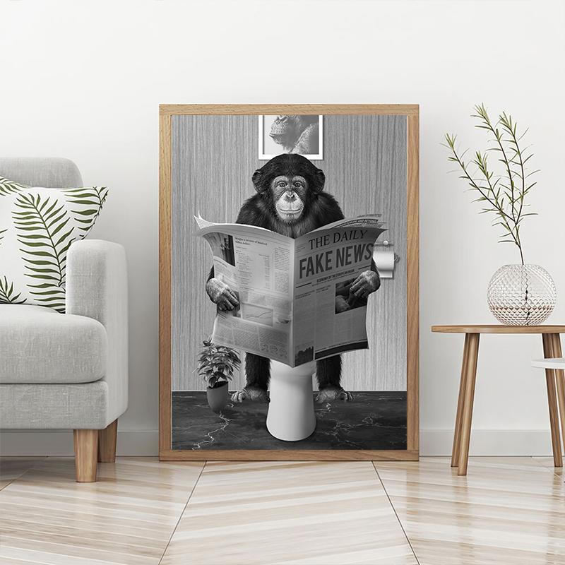 Koupelna Funny Monkey Černobílá vana Čtení zvířat Noviny Plakáty Obrazy na plátně Obrazy na zeď Umělecké obrazy Home Decor