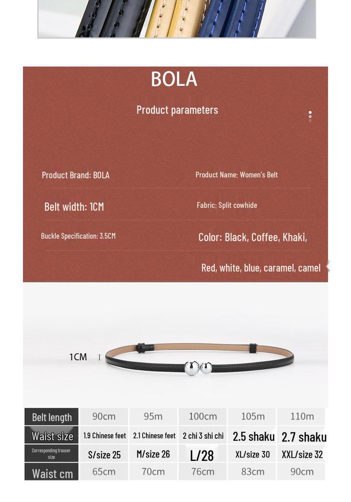 Women's Genuine Leather Adjustable Thin Belt for Suits and Skirts