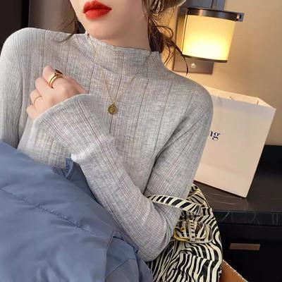 Mid Neck Knitted Women's Thin Half High Collar Bottom Shirt Slim Fit Sweater Pullover Top